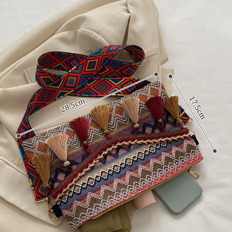 1Pc Ethnic Style Weave Crossbody Bags Tassel Waist Bag Retro Canvas Shoulder Packs Handbag
