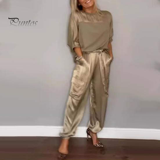 Set di 2 pantaloni da donna in raso con maniche a tre quarti in raso o collo con lacci in vita tinta unita morbido traspirante tasche casual camicetta ampia pantaloni set