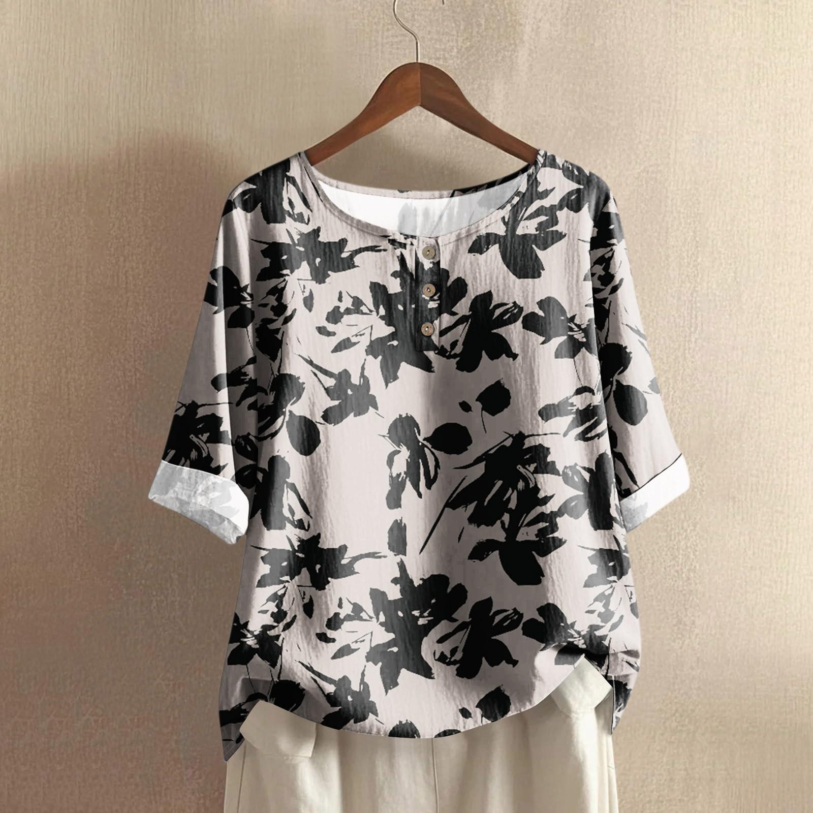 

Женский повседневный топ с рукавом средней длины, круглым вырезом, в стиле ретро, с цветочным принтом, из хлопка и льна S