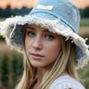 1 solid color worn-out bucket cap with letter logo decoration, vintage neutral sunscreen bucket cap, suitable for daily wear