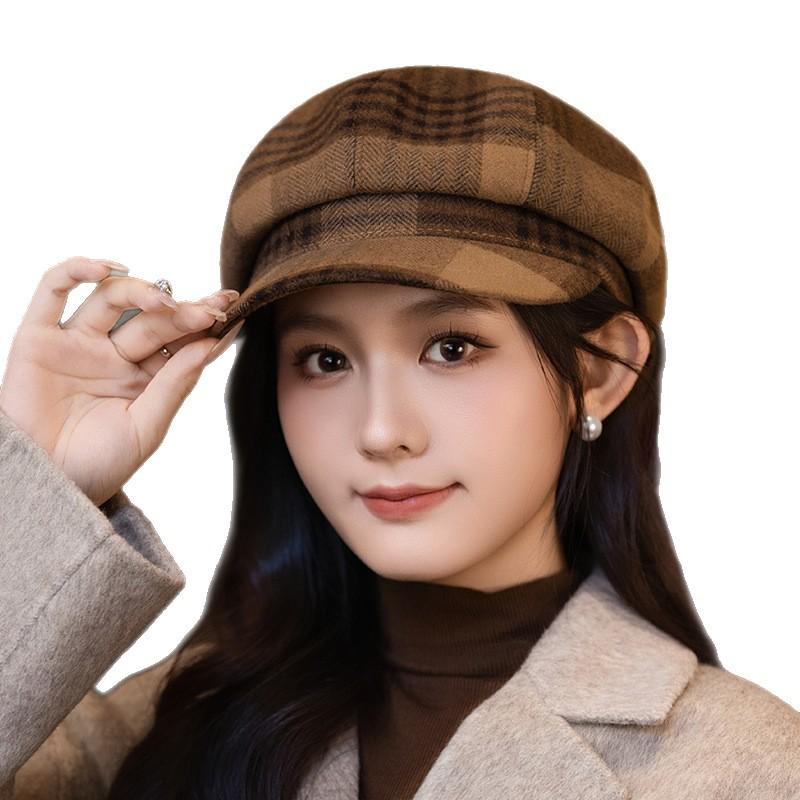 British Style Retro Plaid Bere Hat for Women In Autumn and Winter New Casual Versatile Painter Hat Windproof Warm Newspaper Boy Hat