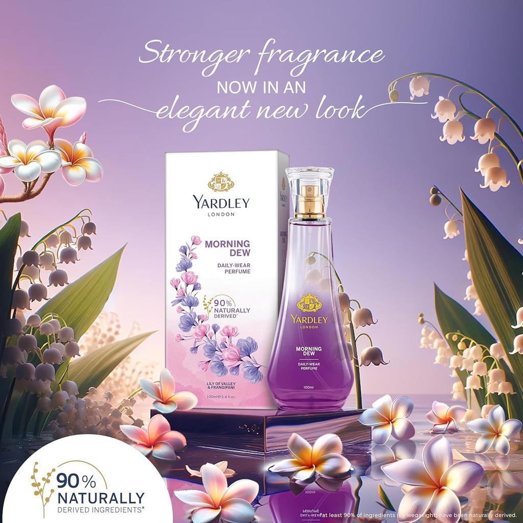 Yardley London Morning Dew Perfume Spray | Fresh Floral Scent | 90% Naturally Derived| Lilly Of Valley & Frangipani | Perfume For Women| 100Ml