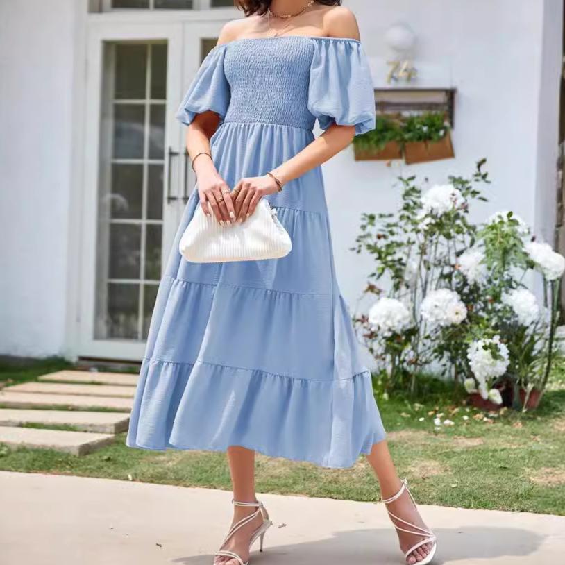 

VEZFAA женские модные летние весенние однотонные повседневные платья с короткими рукавами и квадратным воротником и высокой талией XL синий