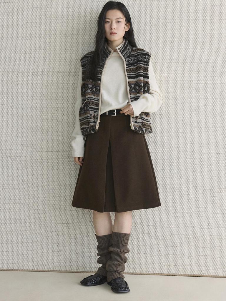 Xu Man Retro Korean Pleated Wool Midi Skirt for Women