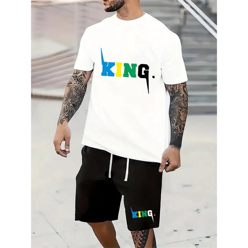 2024 New Summer Shorts Short Sleeve 2 Pieces Fashion Everyday Suit King Letter Print T-Shirt Suit Outdoor Streetwear Sports Suit