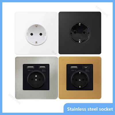 Retro EU French Standard Metal Double USB Wall Power Socket,Brushed Stainless Steel Antique Outlet with Type-c Usb Charing Port