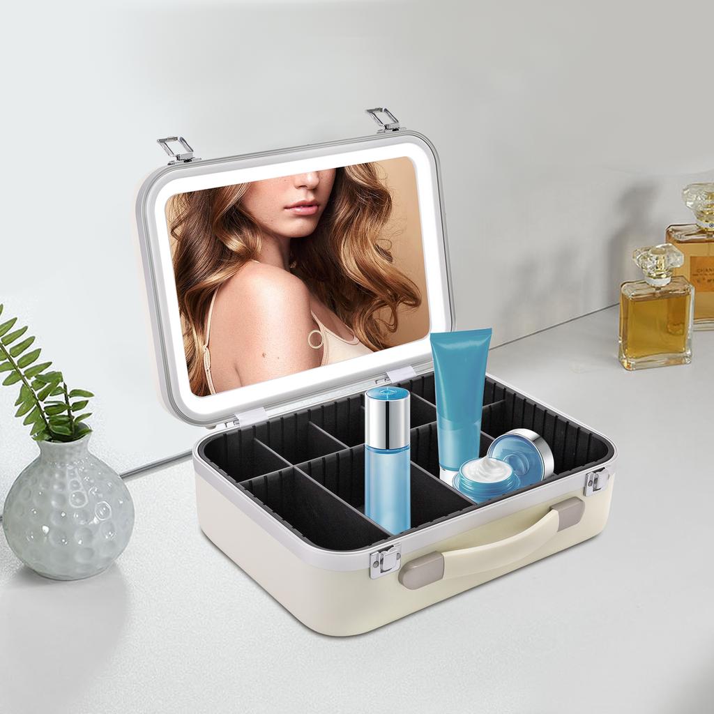 Large Capacity Portable Makeup Organizer with LED Lights, Touch Screen Mirror - Tabletop Cosmetic Storage Case, Vanity Organizer
