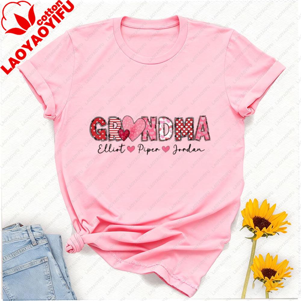 Grandma Day Cotton Shirt Customized with Grandkids Names Personalized Heart TShirt Gigi with Heart Love Tee for Granny Tops