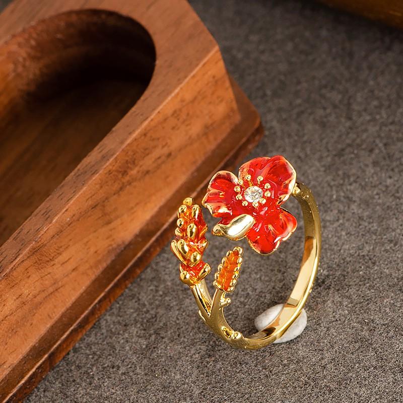 Adjustable Open Ring Women With Enamel Flower Design Zircon Accents Fashion OL Style Copper Jewelry