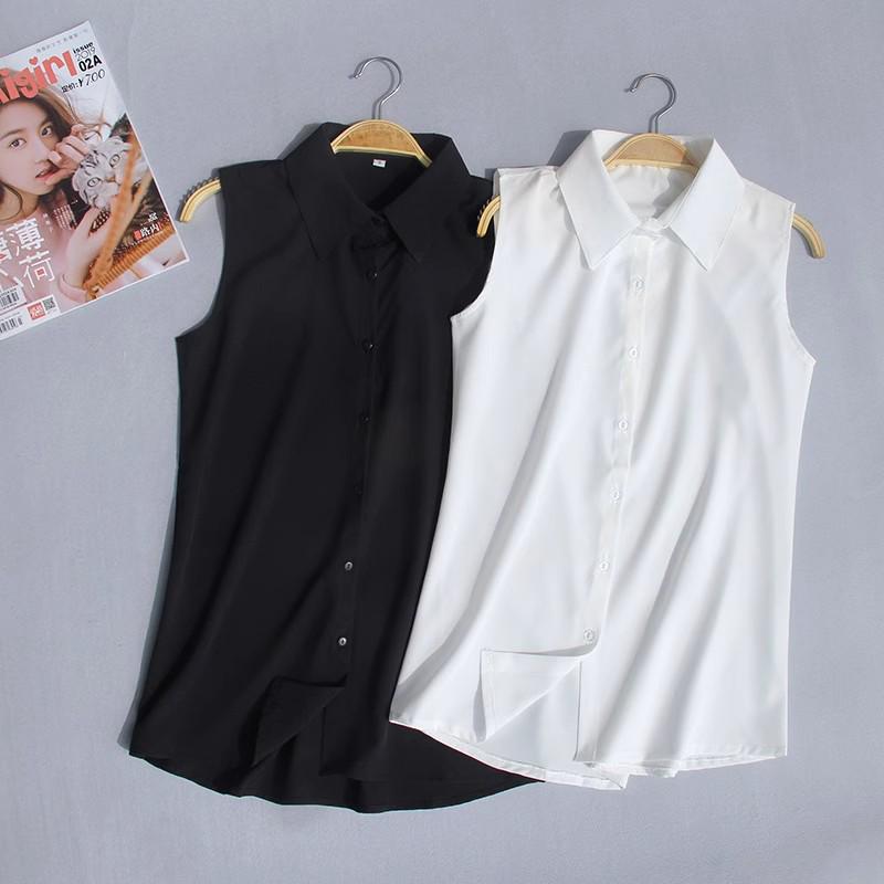 Women's Korean Style Summer Sleeveless Chiffon Vest Top with Lapel - White