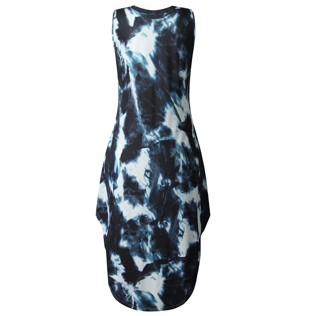 Women Casual Loose Tie-dye Print Pocket Long Dress Sleeveless Split Maxi Dresses