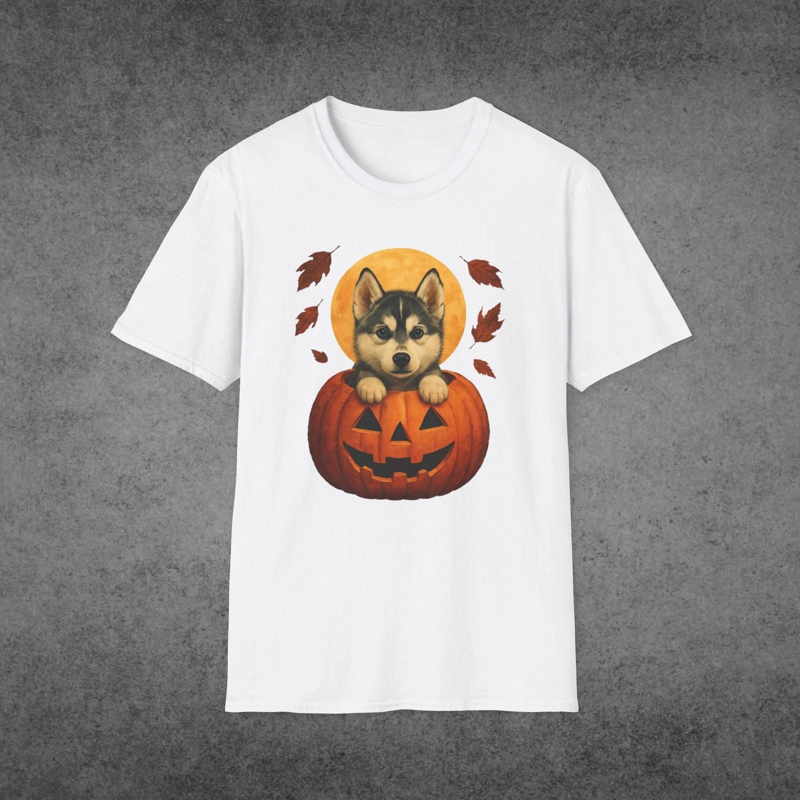 Halloween Husky T-Shirt, Cute Pumpkin Dog Tee, Halloween Costume Puppy 3XL