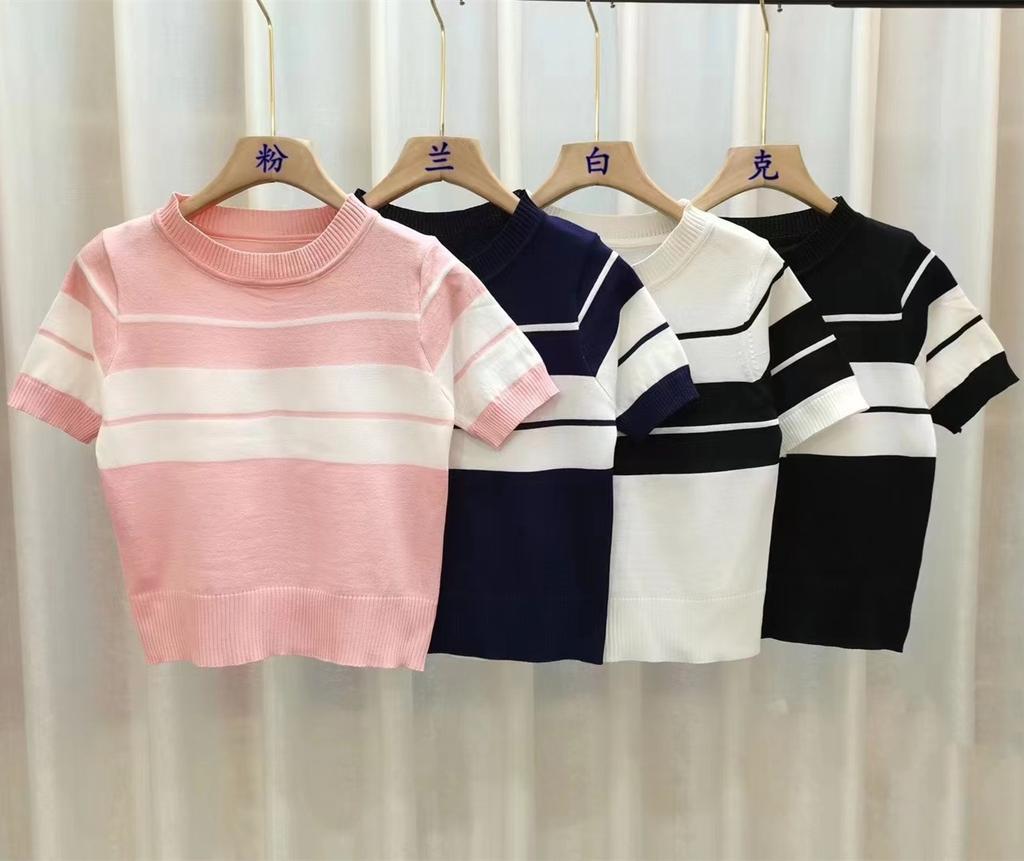 Black and White Color Clash Striped Short-sleeved Knit Sweater Female Summer Versatile Bubble Sleeve Versatile Top Thin Casual Slim Fit Pullovers Tees