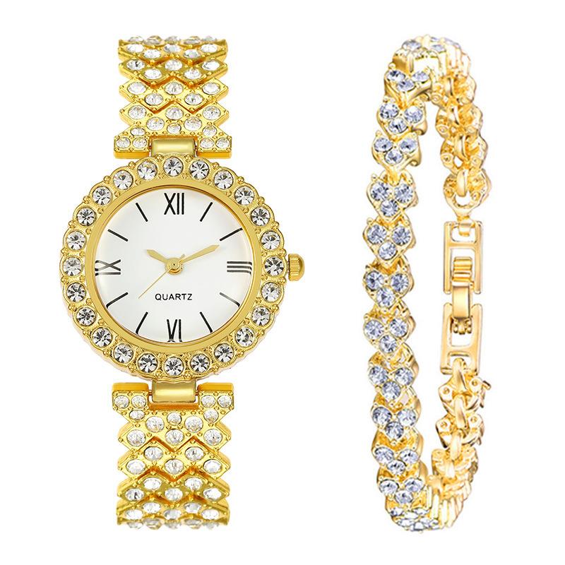 

2 шт. Роскошные элегантные часы из нержавеющей стали со стразами | Минималистичные модные кварцевые часы с браслетом, полностью инкрустированным стразами | Подарки на Ид