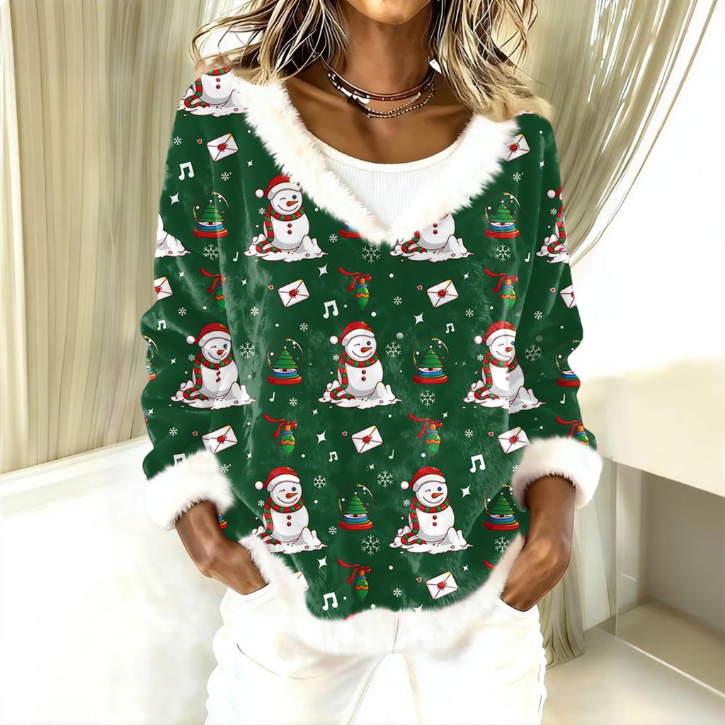 Women's Fashion Plush V Neck Pullover Top Long Sleeve Tee Christmas Printed Sweatshirt