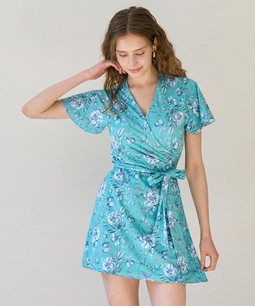 Bonide [Set] Cover-Up Wrap Swimsuit Set Flower Berry Mint