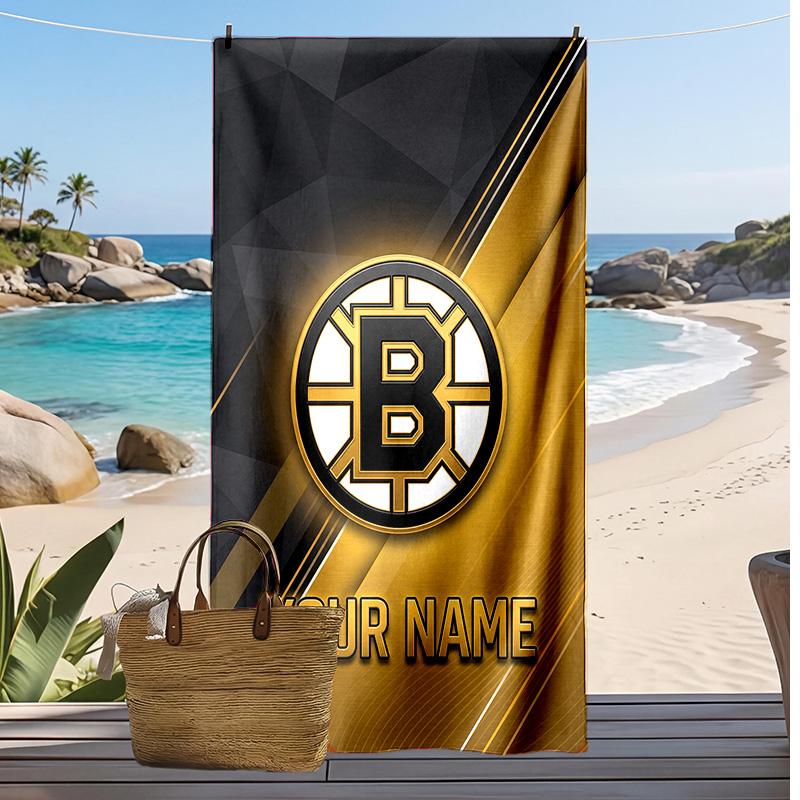 Boston Bruins Custom Beach Towel, Print Your Name Text Lightweight Absorbent Towel for Swimming Travel