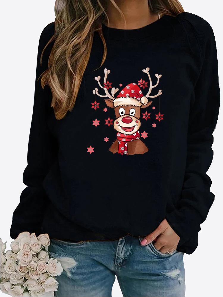 Vinter, uformelt langermet genser med julenisse-trykk, dame-t-skjorte med rund hals, løs t-skjorte i plussstørrelser Langermet genser