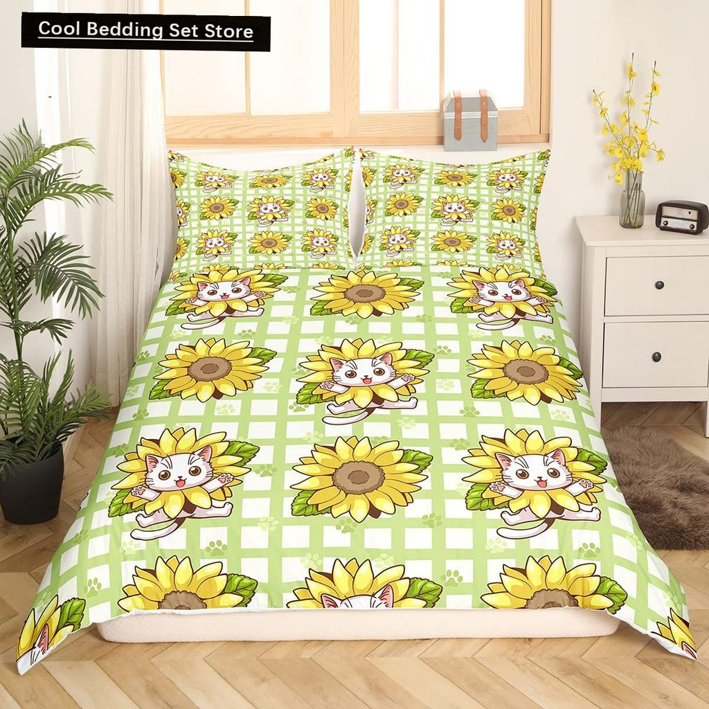 Cute Cat King Queen Duvet Cover Kitten Bedding Set Purple Floral Butterflies Polyester Quilt Cover Pet Animal Comforter Cover