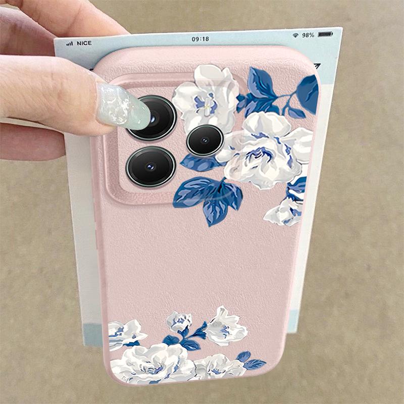 White Gardenia Floral Pattern Case For Xiaomi 14T 13T 11T Pro Funda Redmi Note 14 13 12 11 Pro 5G 4G Leather Texture Silicone Cover