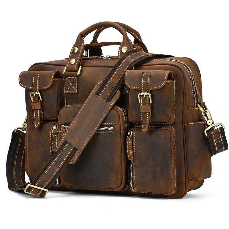 

Fashion Natural Leather Men Briefcases With Shoulder Strap Mans Laptop Notebook Hand Bag 2019 New Business Briefcase Bag коричневый