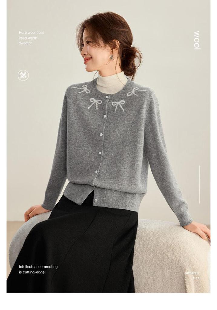 Shexi Women's 100% Wool Jacquard Knit Cardigan