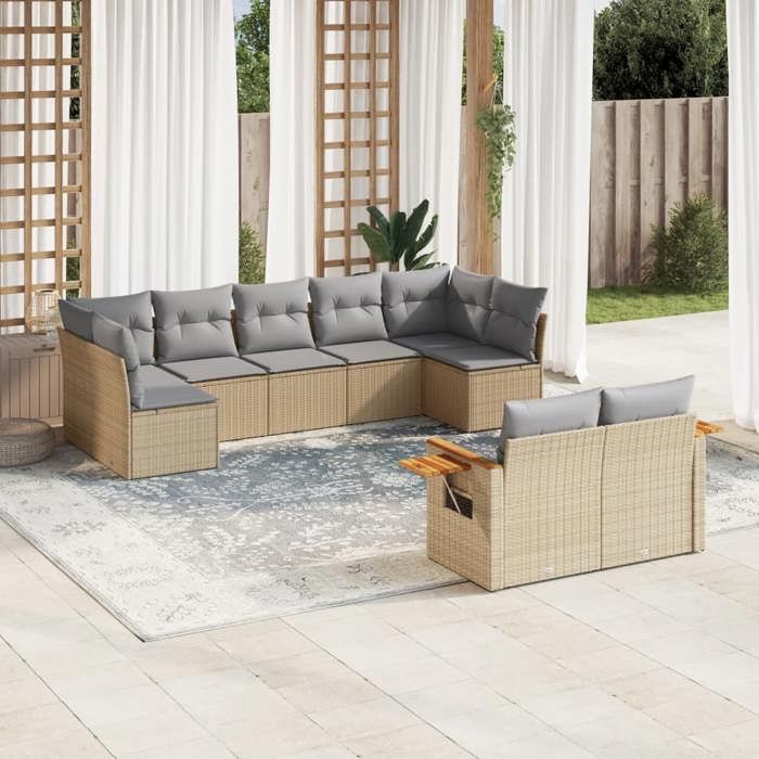 VidaXL Salon de Jardin avec Coussins 9 pcs, Canapés de Terrasse, Ensemble de Meubles de Patio, Mobilier d'Extérieur, Beige 3259532