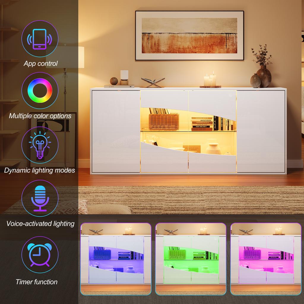 160×35×70cm Sideboard with RGB LED Lighting, White High Gloss, Display Cabinet 4 Doors (2 Safety Glass), Adjustable Shelves, 6 Storage Compartments