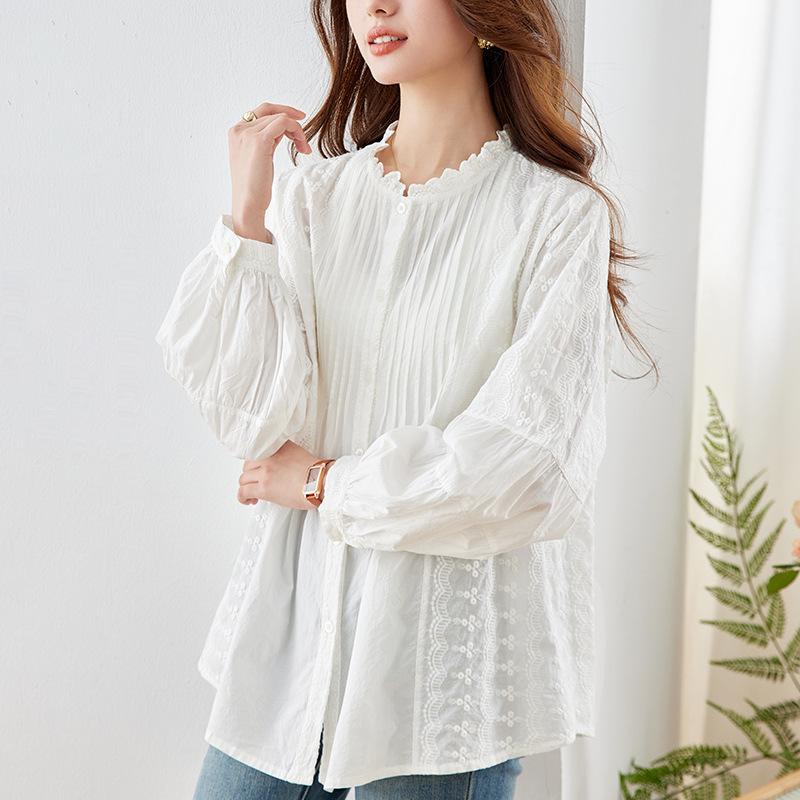 

Вышитая белая рубашка для женщин с длинным рукавом, весенняя одежда, новый дизайн, плиссированные топы-аккордеон, рубашка с воротником-грибком XXL