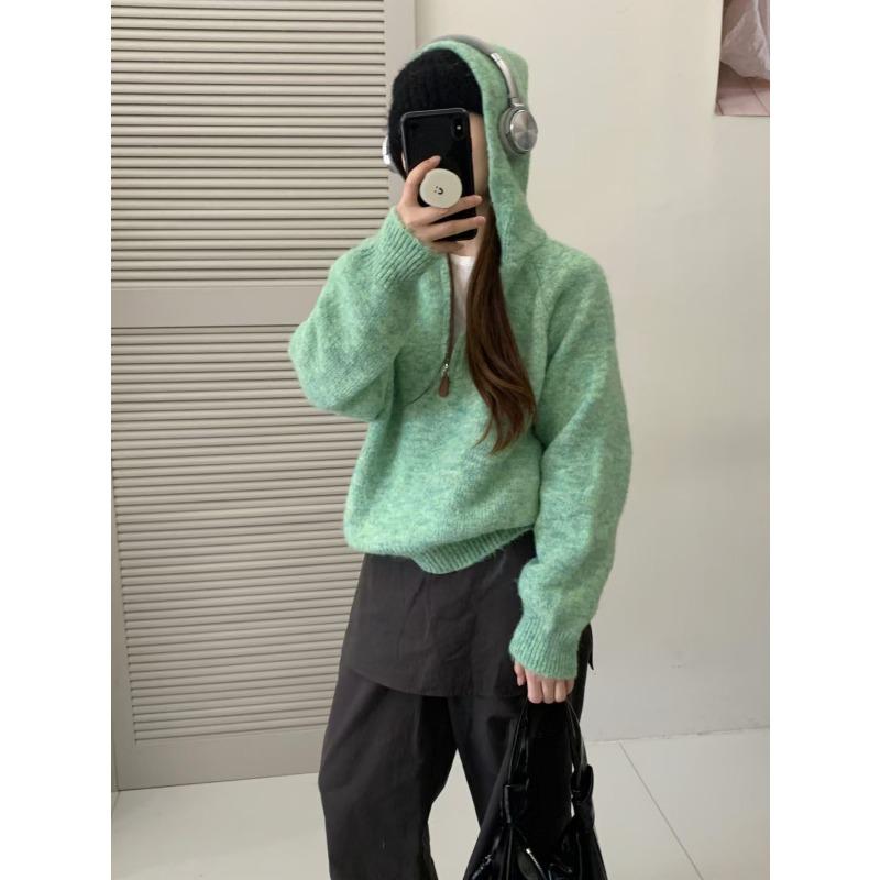 TIFICY Women's Fashion Casual Fall Winter Solid Color Print Long Sleeve Hooded Tops Women's Clothing Woolen Knitwear Sweaters