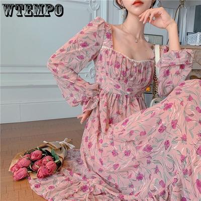 Franse Vintage Vierkante Hals Chiffon Lange Mouwen Taille-lengte Parelknoppen Rozen Bloemenjurk Slanke Tailleband Peplum Uitlopende Mouw Jurken