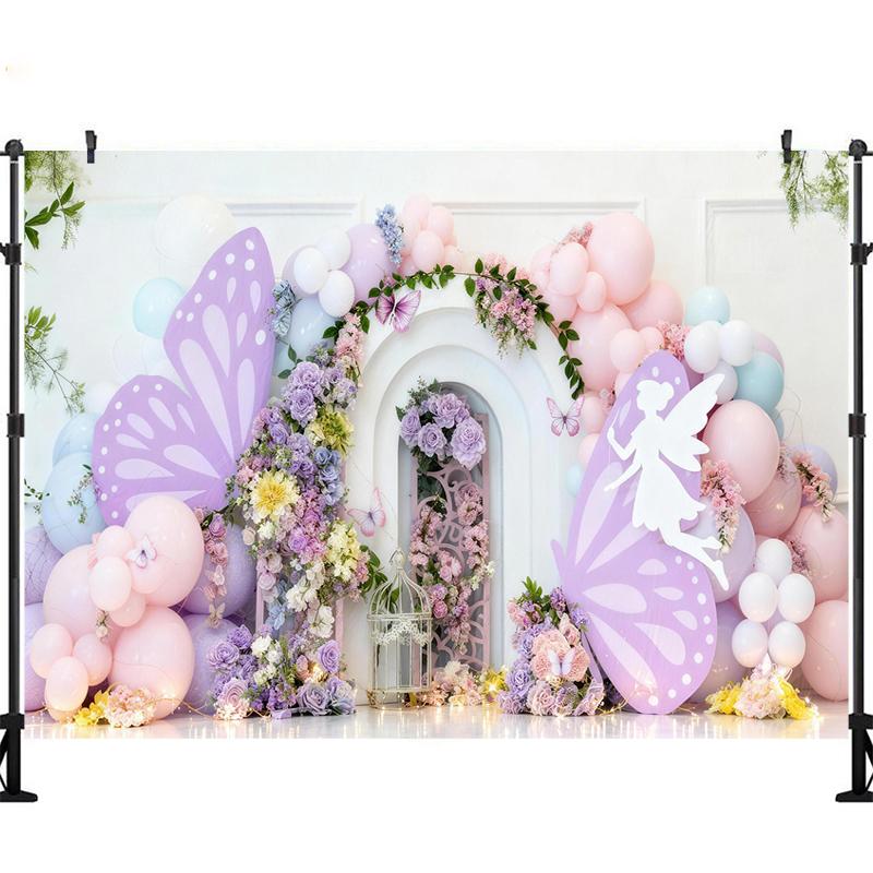 Photography Background Girl Birthday Cake Smash Kids Portrait Photo Backdrop Fairy Tale Sprite Fairy Floral Balloons Decor Props