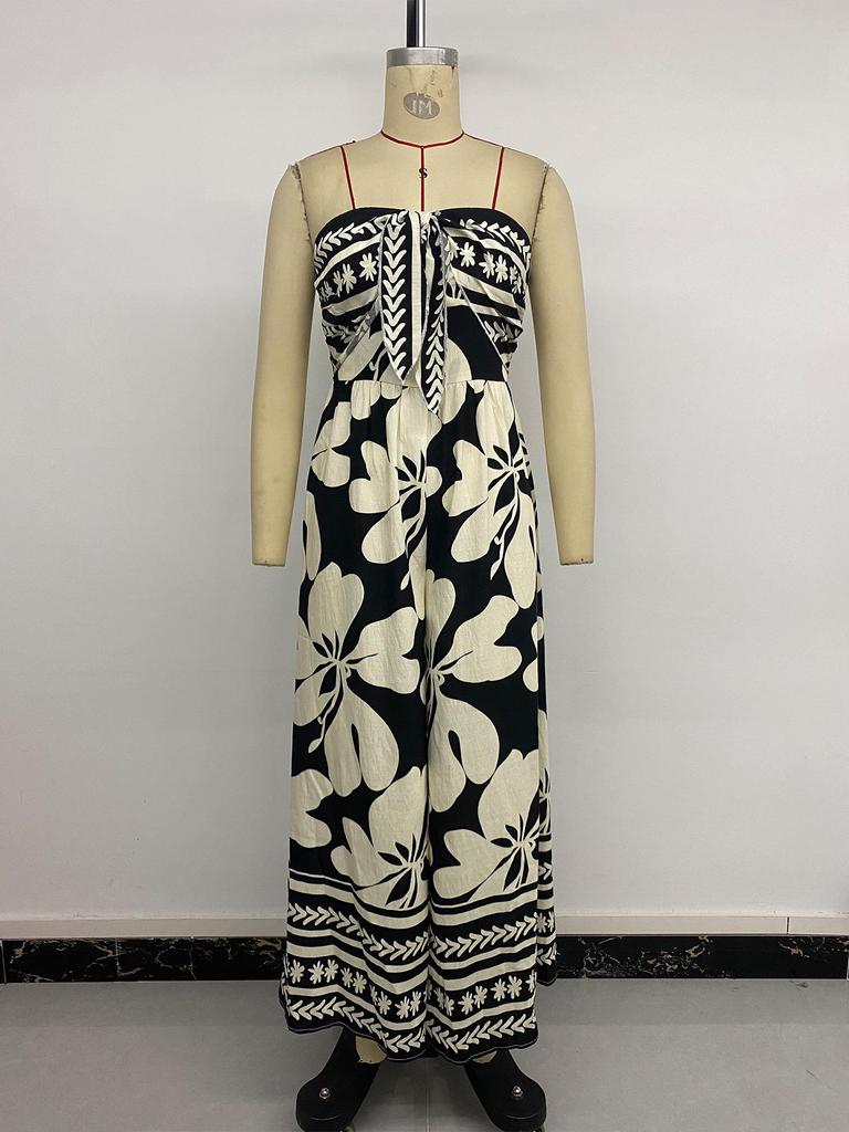 New Summer Sleeveless Printed Bandeau Jumpsuit with Bowknot for Women