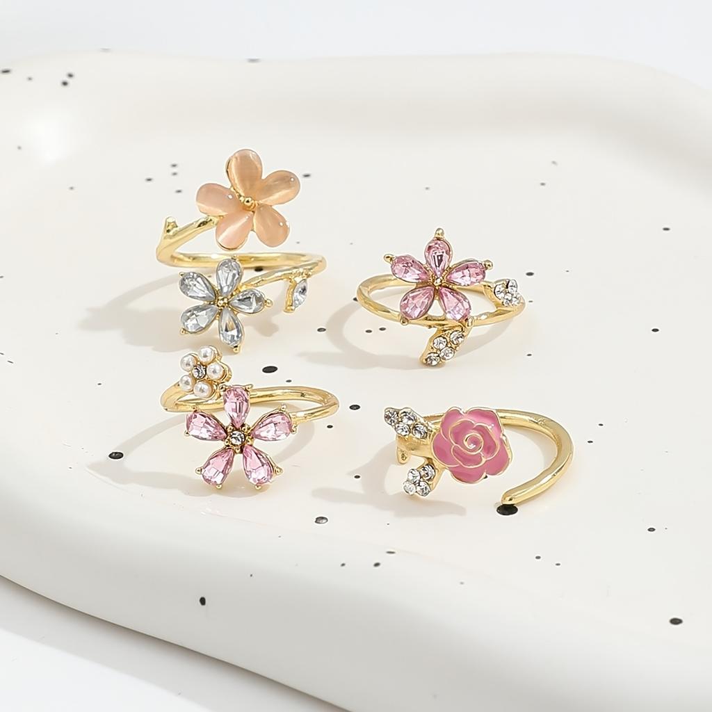 4pcs Pink Rhinestone & Cat-Eye Stone European Ring - Elegant Sparkling Women's 4-Ring Set Suitable for Parties, Vacations, Year-Round Wear