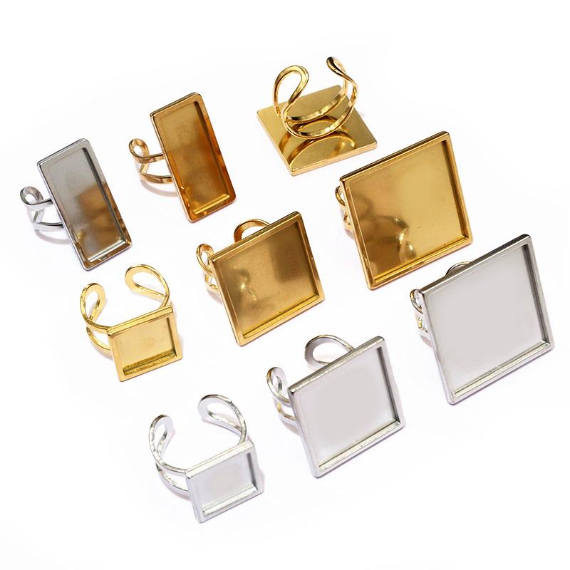 5pcs/Lot Square Rectangle Stainless Steel Thick Adjustable Ring Settings Blank Base Cabochon DIY Findings