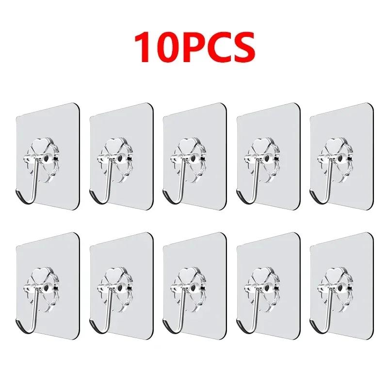 10pcs Transparent Hooks Strong Self Adhesive Key Storage Hanger Multi-Function Towel Hanging Hook For Kitchen Bathroom Storage