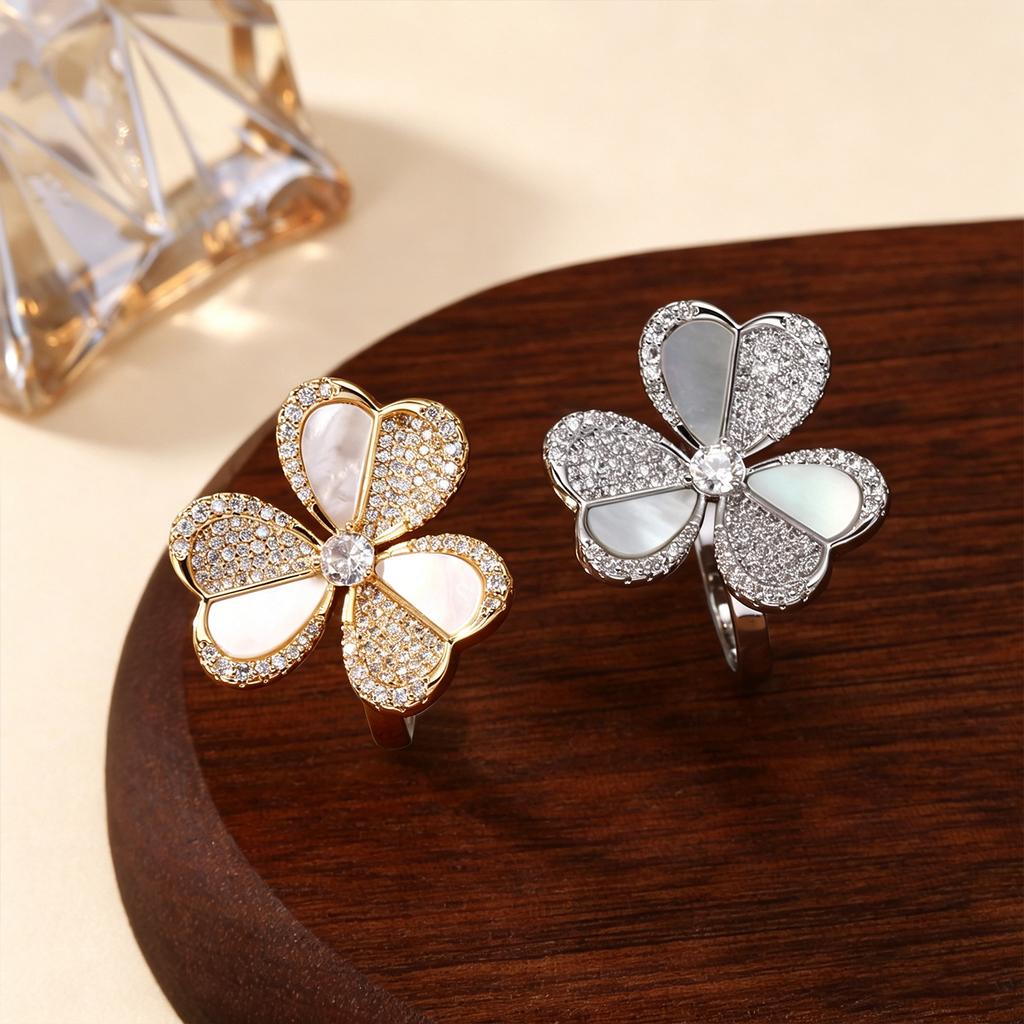 Gold Plated Four Leaf Clover Mother of Pearl CZ Statement Ring for Women, Luxury Flower Open Ring, Wedding Party Daily Wear Gift