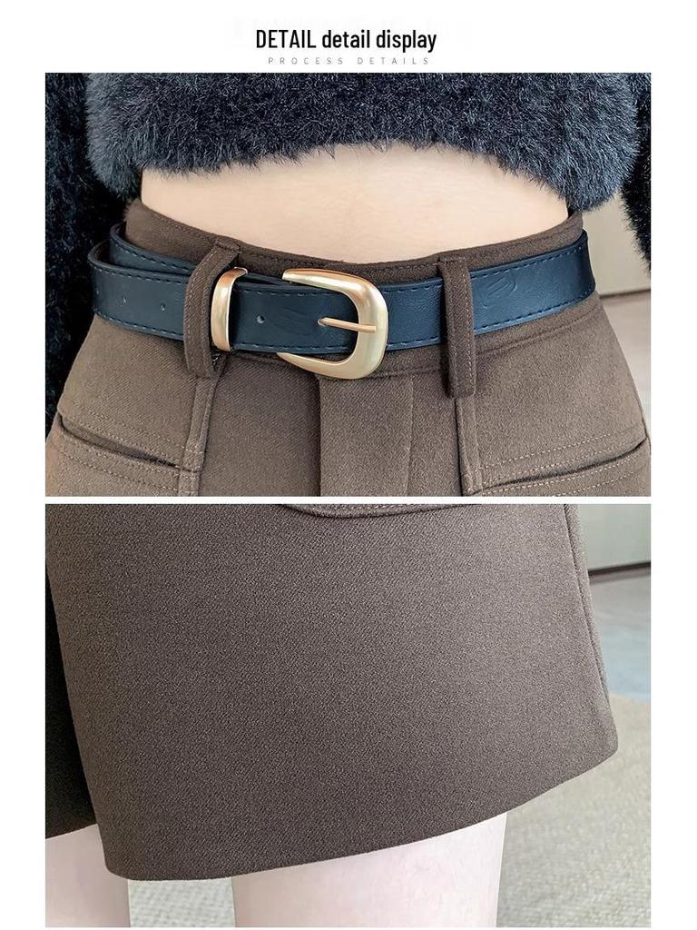 2024 High-Waisted Woolen A-Line Shorts for Women - Autumn/Winter Petite Coffee Tone Casual Bootcut Style.