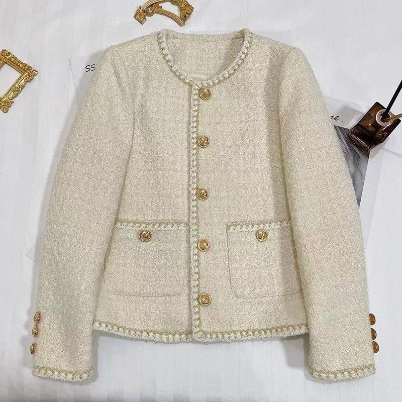 Französische kleine duftende temperamentvolle Berühmtheit Tweedjacke Damen Herbst und Winter Neu Koreanische Version Beige Vielseitiges Oberteil Damenbekleidung