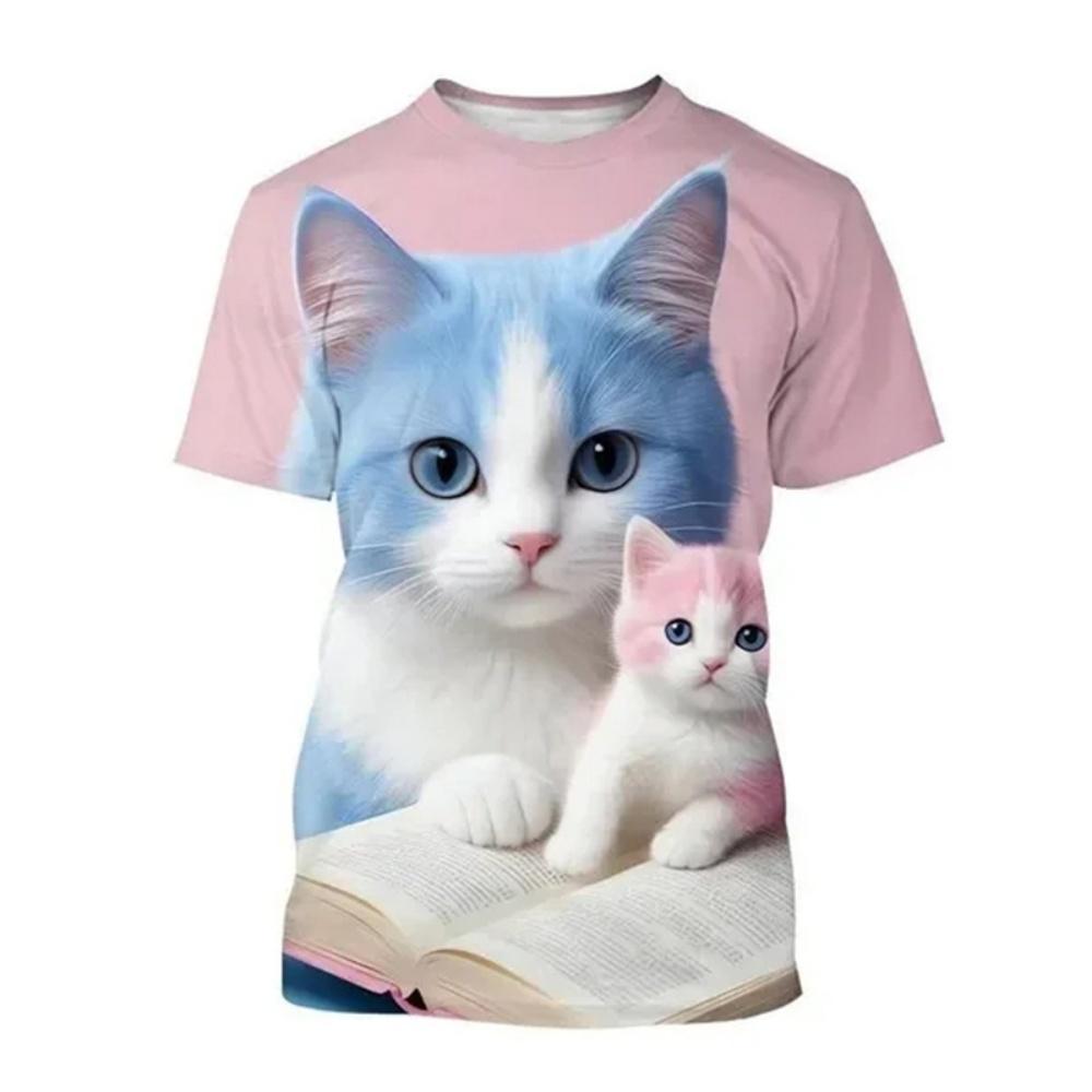 Fashion Korean Cute Cat Print Tees Children Girls Summer Clothes Kawaii Crew Neck