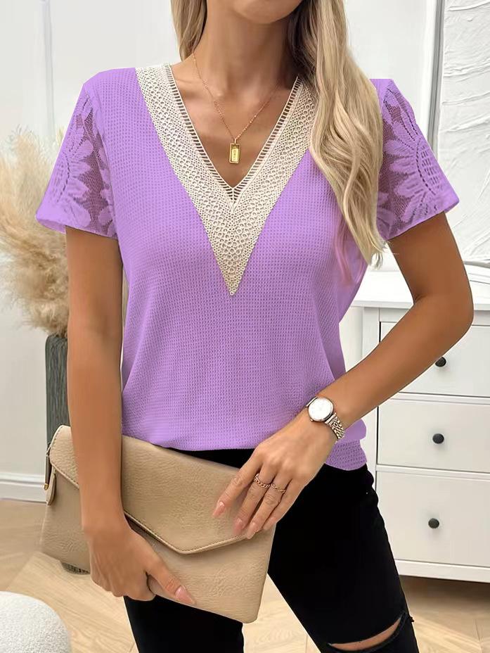 European-American Women's Casual V-Neck Short-Sleeved Lace Patchwork Henley Top