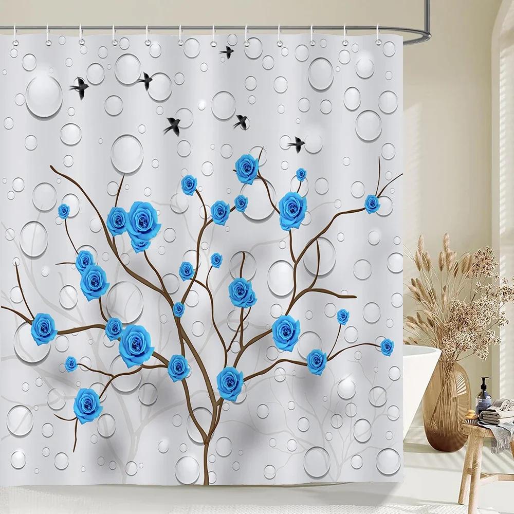 Blue Rose Plant with Floral Bathroom Decoration Shower Curtain with Hooks