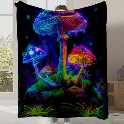 1 Stück Neon Leuchtet im Dunkeln Regenbogen Pilzwald Fleece-Decke - Plüsch Stepp Flanell Tagesdecke mit Leuchtenden Pilzen & Bioluminiszenz