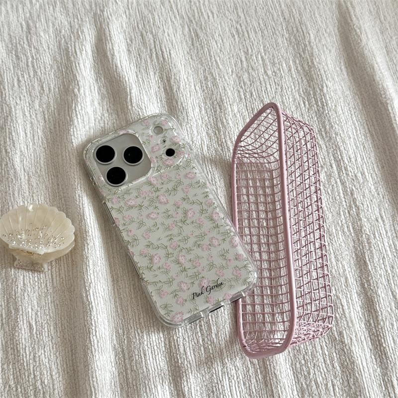 Kawaii Pastel Pink Floral Green Leaf Clear Phone Case For iPhone 14 15 16 17 Pro Max INS Fresh Style Large Window Shockproof Cov