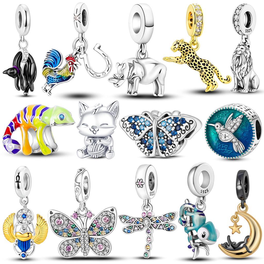 Copper Golden Leopard Charms Beads Colorfule Chameleon Rhino Lion Scarab Cat Dangle Fit Original Bangle Bracelet Jewelry