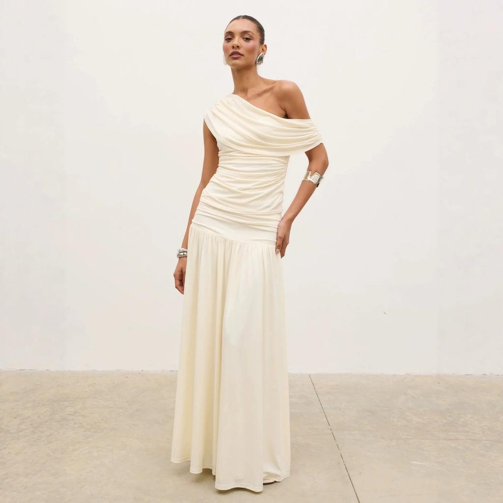European and American Style Dress Summer New Sexy Slanted Shoulder Pleated Splicing Fashion High-end Long Dress Dress Skirt Texture