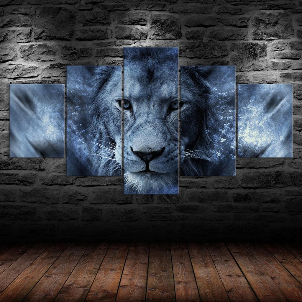 Lion Head Spirit Animal Scene 5 Piece Five Panel Wall Canvas Print Pictures Modern Art Poster Home Decor Gift For Him For Her