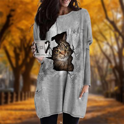 Nieuw In Herfst Schattige Kattenprint Plus Size Jurk Dames O-hals Lange Mouwen Casual Zakjurken