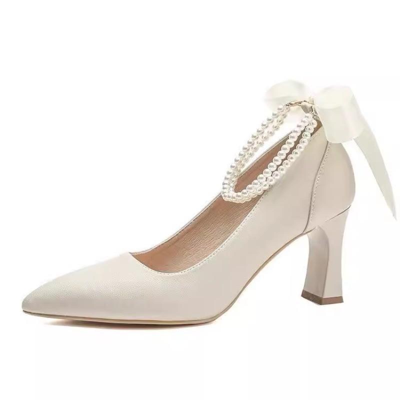 Fashion Fashion Single Shoes Summer New Pointy Head Shallow Mouth After Butterfly Knot Bead Anti-slip Wear-resistant High Heels