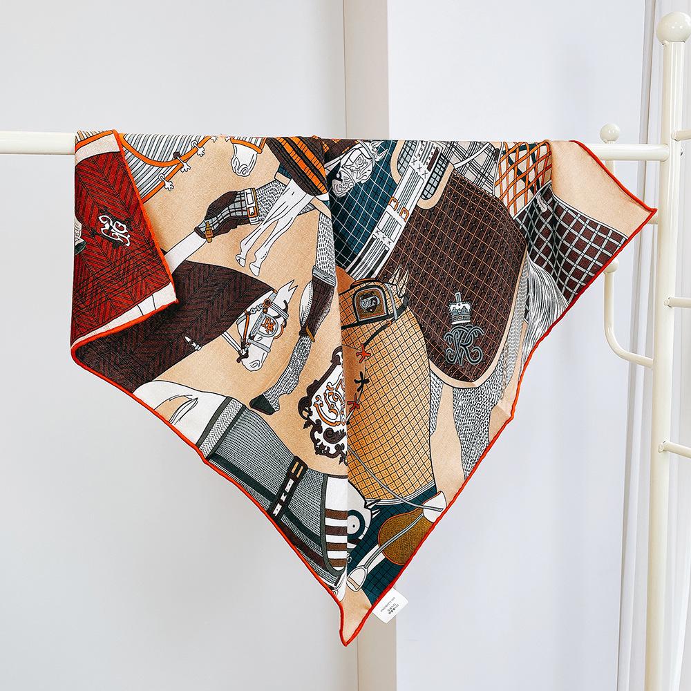 Orange Double-Sided Medium Square Scarf - European & American Style, 70cm Silk Wool Blend, Perfect for Outerwear & Live Stream Fashion.